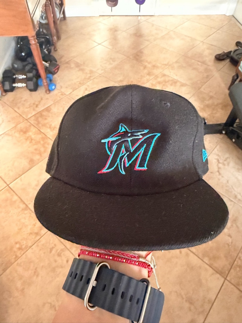 New Era Black Miami Marlins Embroidered Logo Hat with Teal and Pink Accents